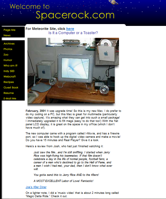 2001 screenshot of Spacerock.com featuring a Mac Cube 63 Computer